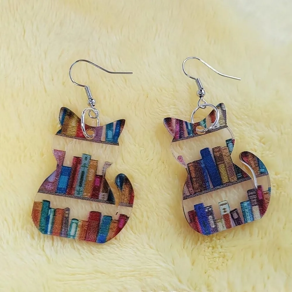 Colorful Acrylic Cat Bookcase Earrings Book Lover Cat Lover